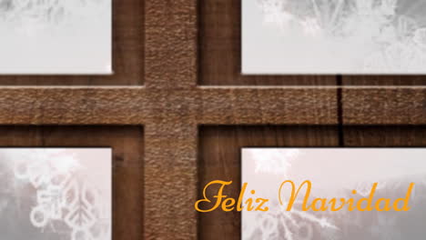 animation of feliz navidad text over christmas tree and wooden window frame against snowflakes