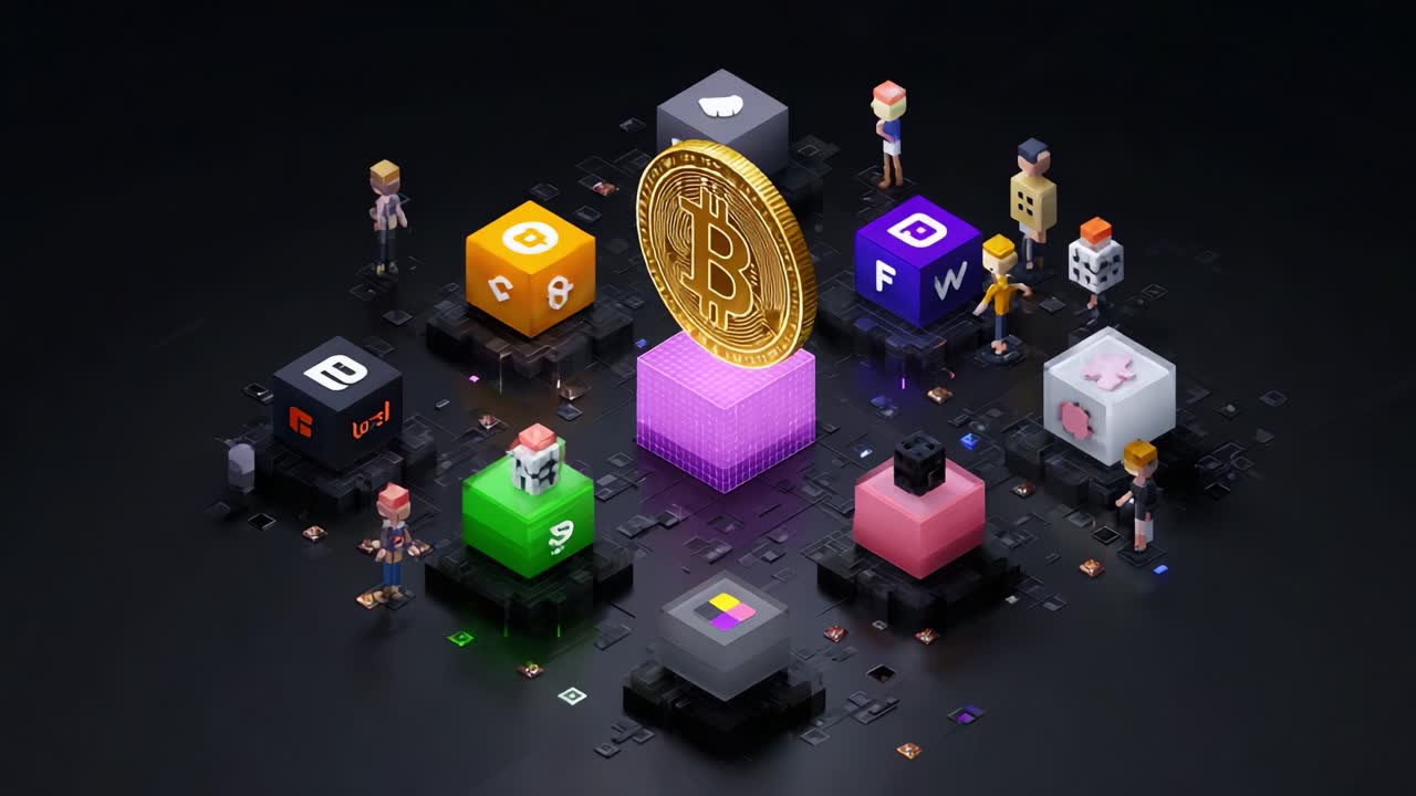 A vibrant digital ecosystem featuring cryptocurrencies, stylized avatars, and blockchain elements, centered around a prominent Bitcoin coin, symbolizing innovation and financial technology