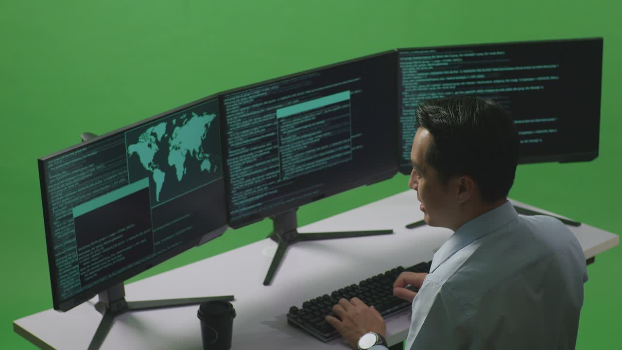 vista lateral de un desarrollador asiático feliz celebrando y bailando mientras escribe código con múltiples pantallas de computadora en el estudio de pantalla verde