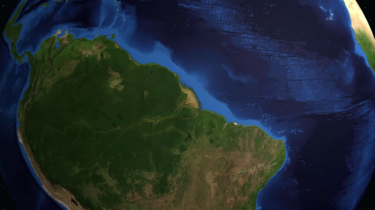 Animazione digitale che zooma dallo spazio profondo a una vista satellitare dettagliata di Macapá, Brasile.