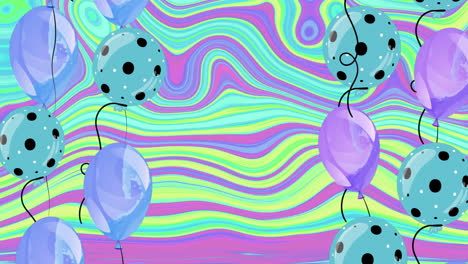 animación de globos sobre un fondo líquido de colores en movimiento.