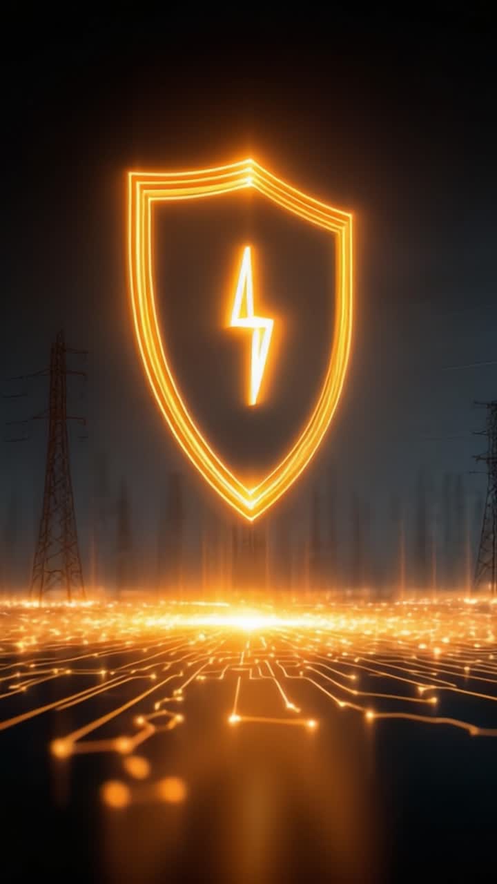 Una visualización llamativa de protección de energía eléctrica: Un escudo dinámico que simboliza la seguridad contra peligros eléctricos en un entorno futurista.