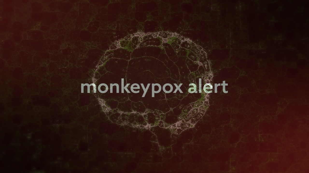 Animation of monkey pox over brain on red and black background