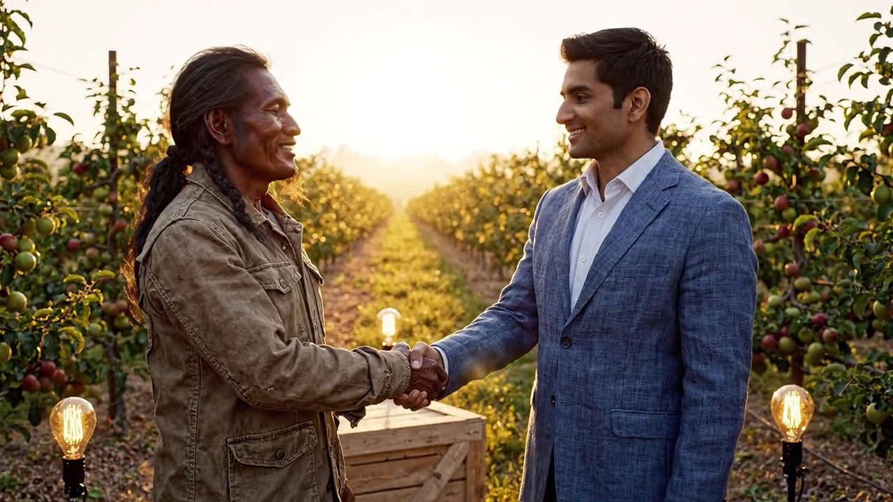 A pivotal conversation in a lush apple orchard during golden hour, showcasing the contrast between two individuals with distinct backgrounds and experiences.