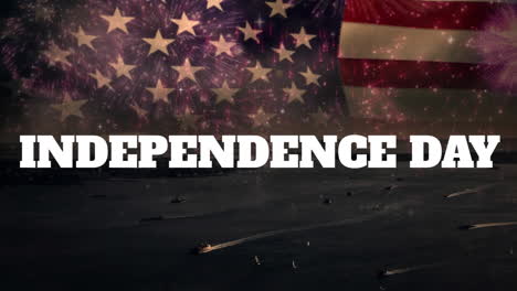 animation of independence day text with flag of america and fireworks display over seascape