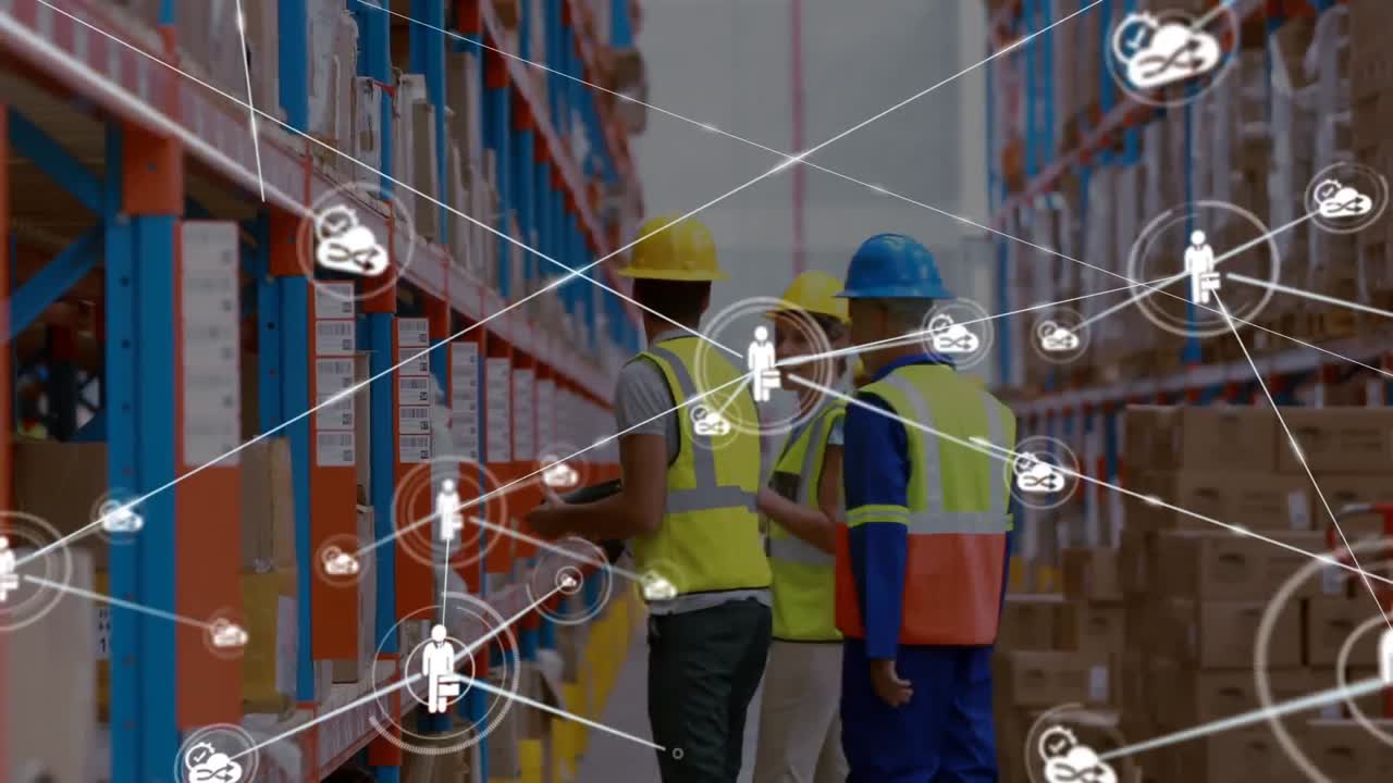 animación de la red de conexiones con iconos sobre los hombres que trabajan en el almacén