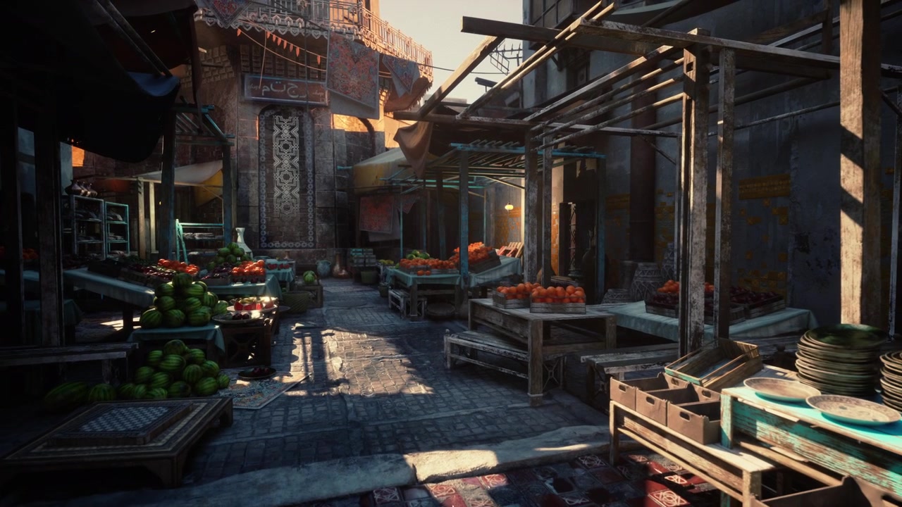 Dawn illuminates quaint market with vintage ambiance and vibrant stalls