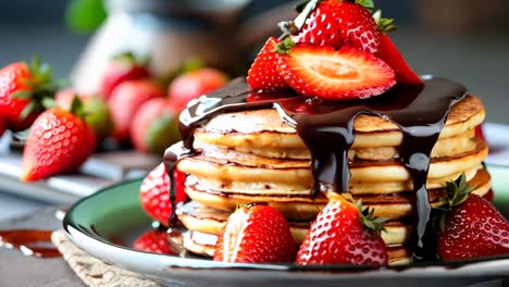 a stack of pancakes topped with chocolate sauce and strawberries