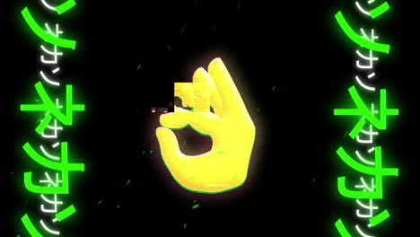 animación de emoji de mano ok con lengua extranjera y partículas de puntos sobre fondo negro