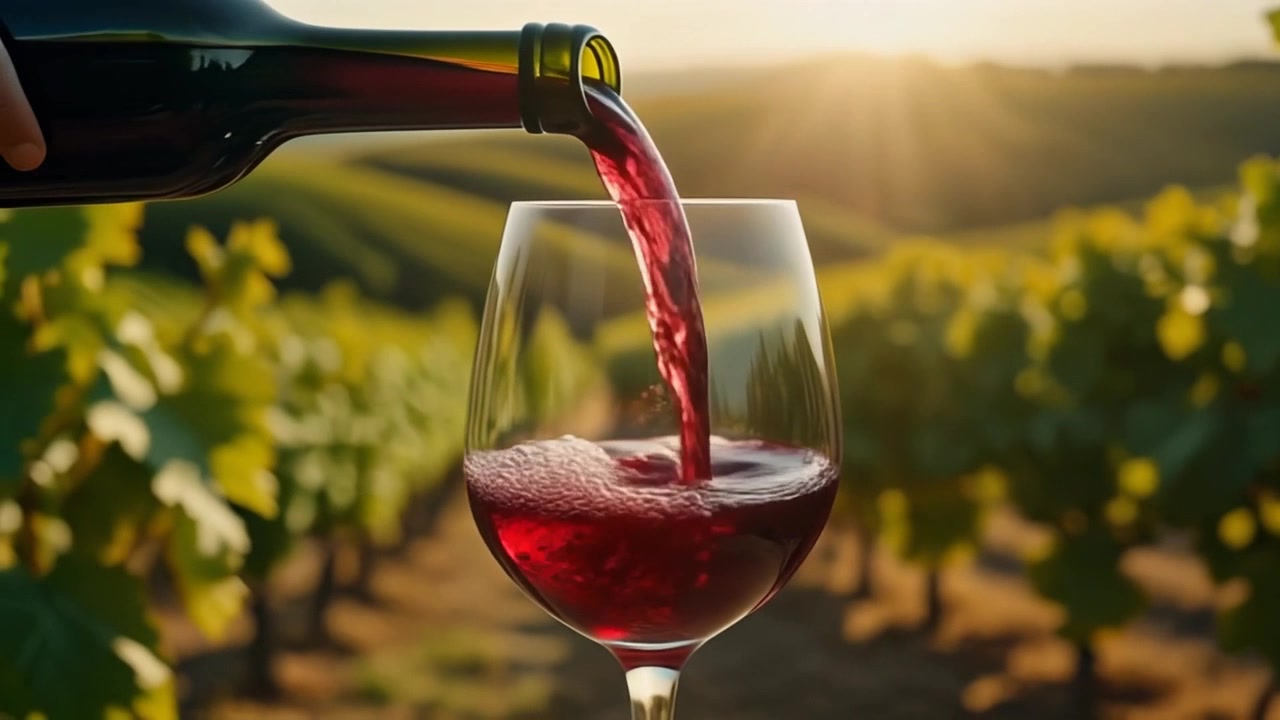 Vino rosso versato nel bicchiere in vigneto al tramonto