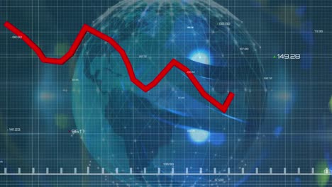animation of red line and data processing over globe and grid