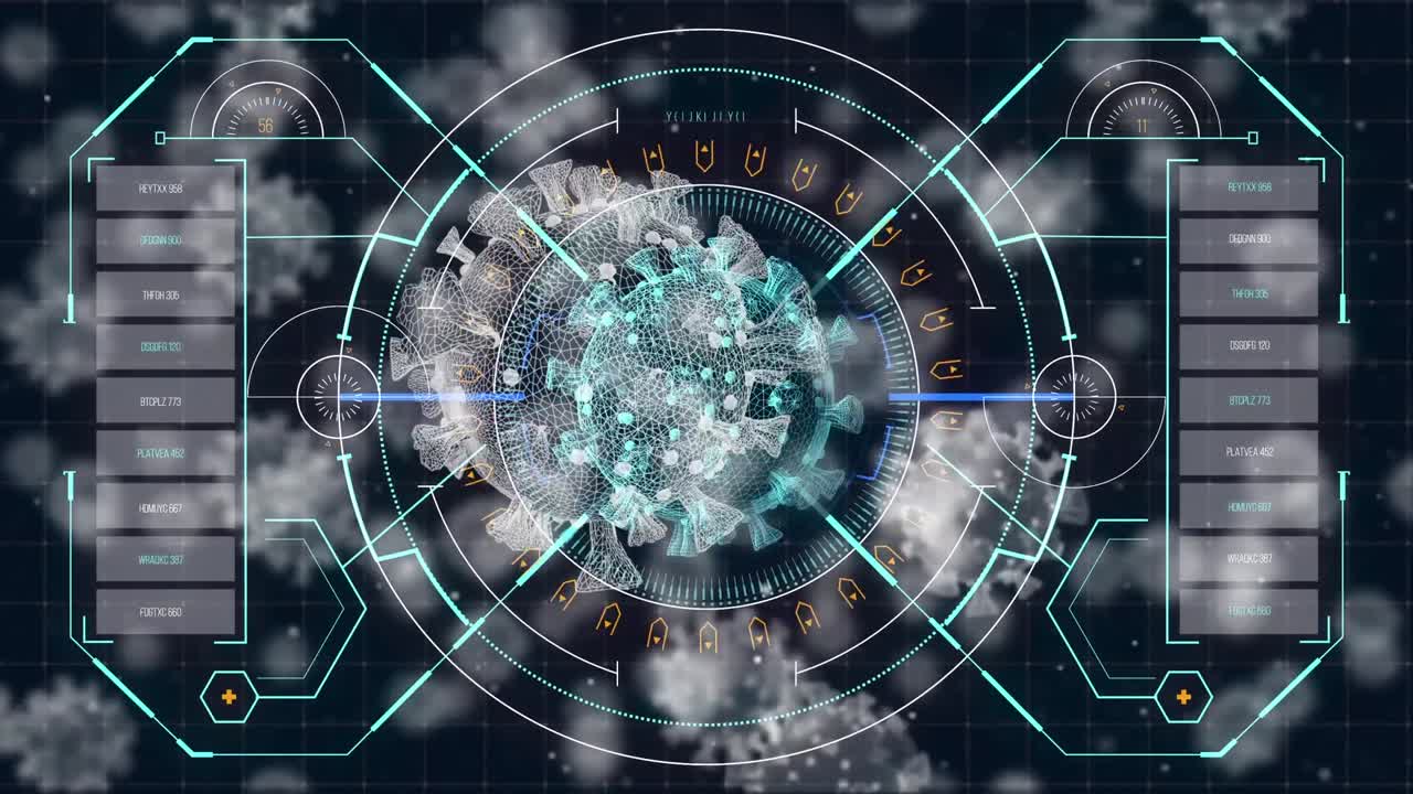 검은색 배경에 떠다니는 스 ⁇  스캐닌 매크로 코로나19 세포의 애니메이션