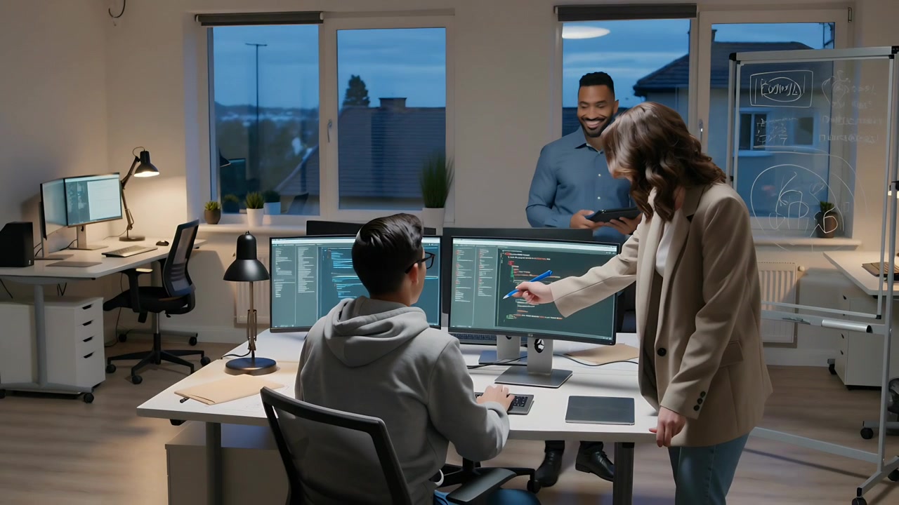 Approaching manager in blazer pointing at dual monitors, developer typing at office for code review