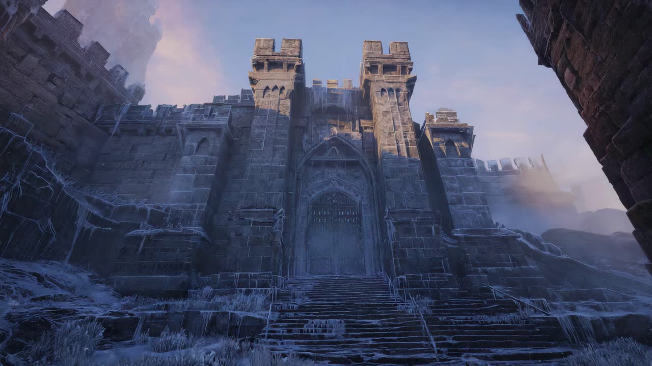 Collapsing Ancient Ruins with Falling Rocks in a Snowy Landscape