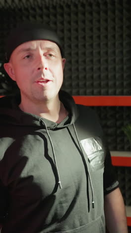 un hombre vestido de negro está involucrado en una conversación animada con una persona invisible en un estudio a prueba de sonido, usando gestos expresivos de la mano para comunicarse, telón de fondo de estudio rojo y negro