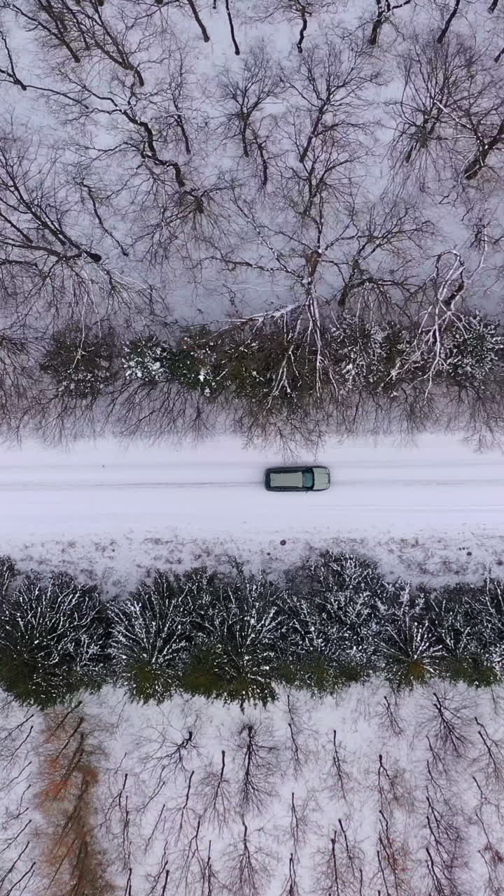 Car moving on snowy road. Forest road on snowy background. Travelling by car along beautiful woodland in winter. Top aerial view. Vertical video