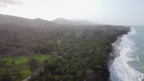 Caribbean-waves-roll-onto-sandy-beaches-near-misty-tropical-jungle