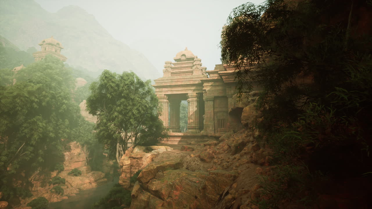 Rocky landscape with trees and buildings