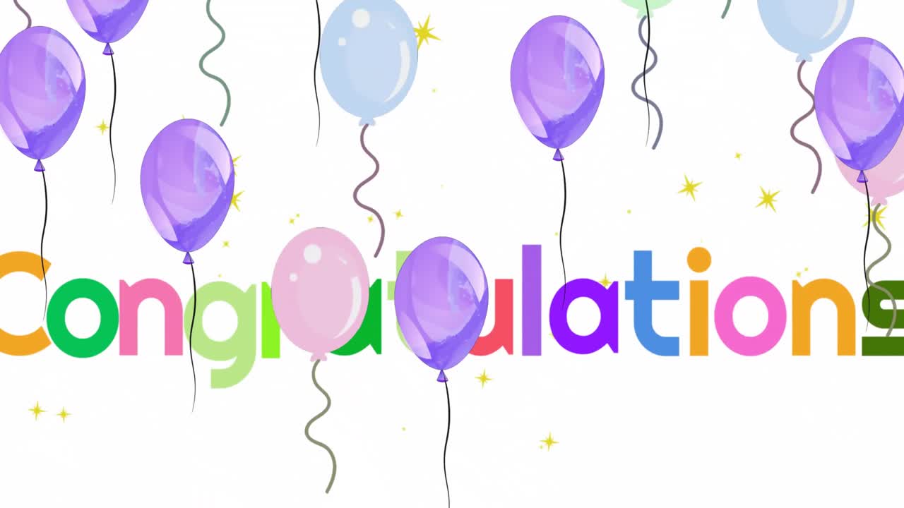 animación de estrellas doradas y globos coloridos flotando sobre el banner de texto de felicitación
