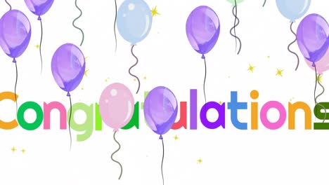 Animation-of-golden-stars-and-colorful-balloons-floating-over-congratulation-text-banner