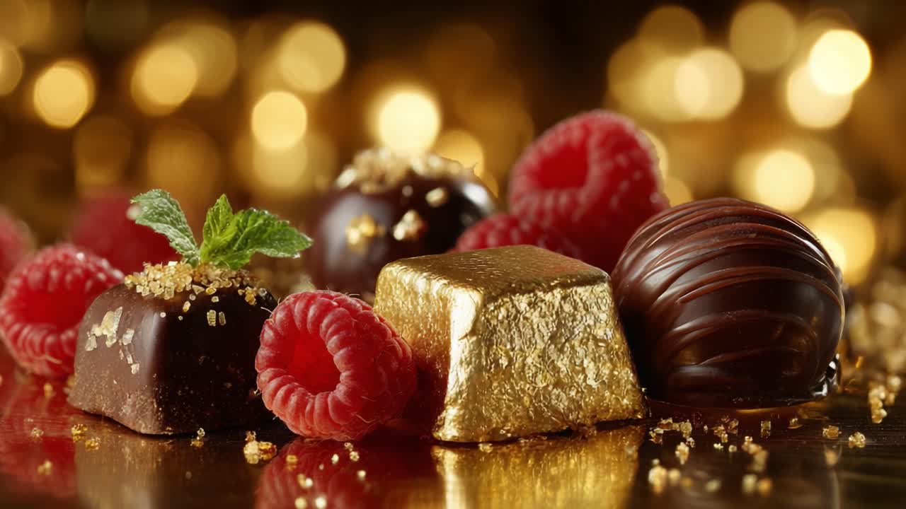 Indulge in Irresistible Delights: A Close-Up of Luxurious Chocolates and Fresh Raspberries Decorated with Edible Gold and Mint on a Glittering Background