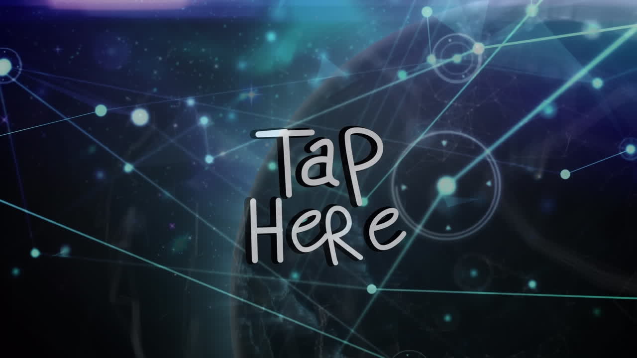 animación de la red de conexiones y toque aquí texto sobre el globo sobre fondo negro.