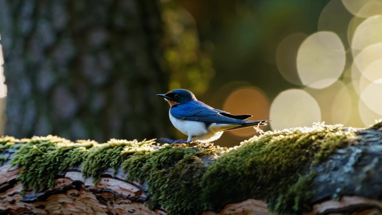 Rondine comune appollaiata su un tronco muschioso nella foresta
