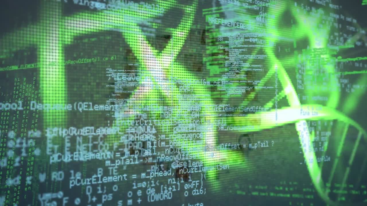 animación digital de estructuras de adn sobre procesamiento de datos y globo de íconos de perfil