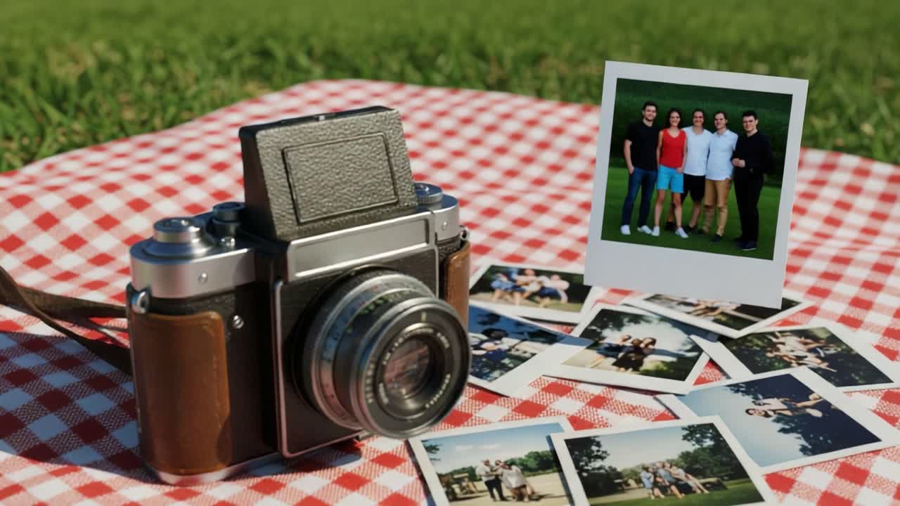 A vintage camera rests on a classic picnic blanket surrounded by vibrant photographs, capturing cherished memories of friends and family in a delightful outdoor setting