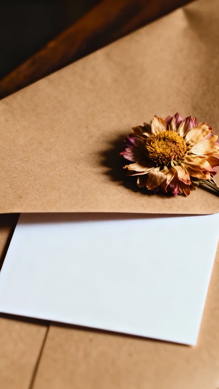 Vídeo vertical: Aba levantando, cartão branco sendo revelado em envelopes de papel kraft na mesa com margaridas secas