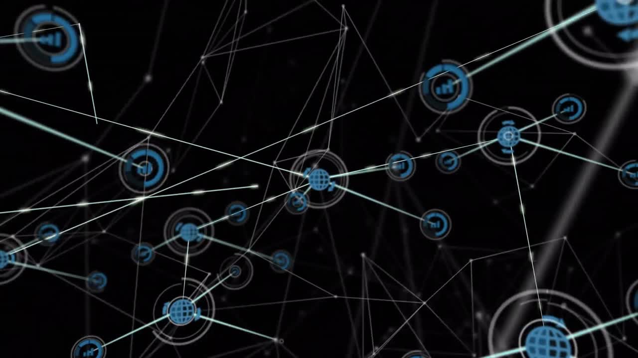 animación de globos, iconos de gráficos de barras y puntos conectados con líneas que se mueven sobre un fondo negro