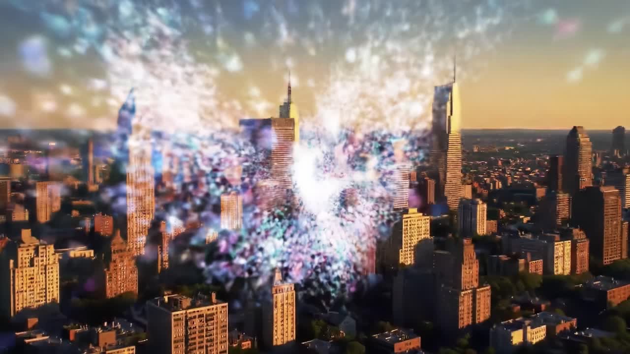 A Spectacular Display of Colorful Fireworks Bursting Over a Majestic City Skyline at Sunset, Creating a Vibrant Atmosphere of Celebration and Wonder
