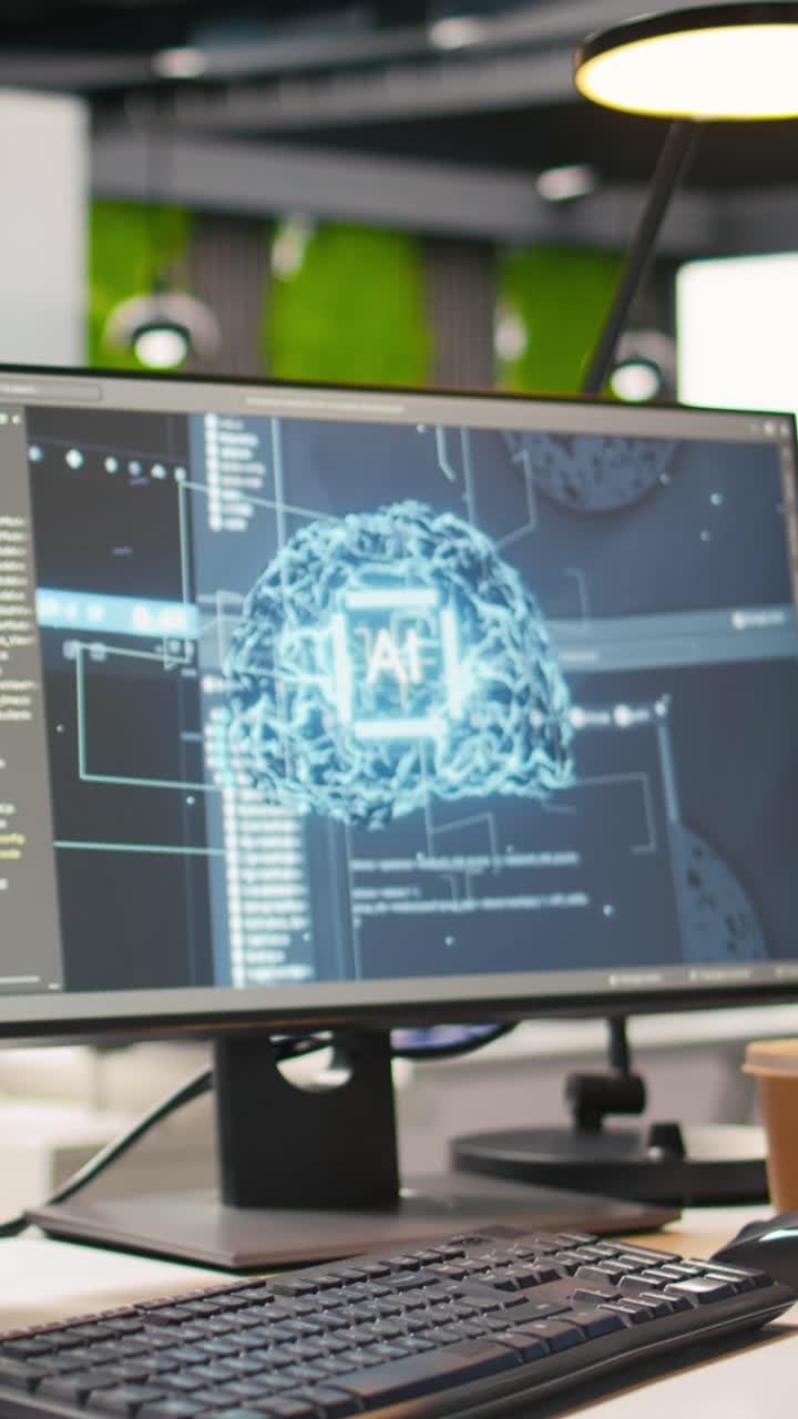 Vertical video Advanced AI algorithms running on computer monitors in empty startup
