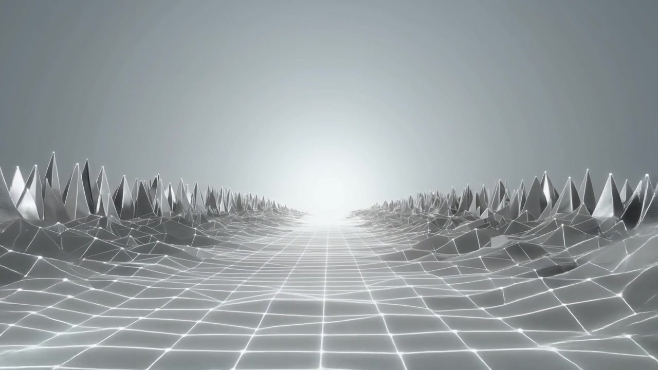 Abstract Digital Landscape with Wireframe Terrain and Glowing Horizon