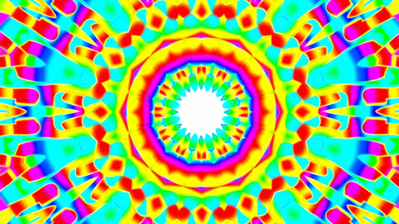 Mandala caleidoscopico centrato che si illumina con un nucleo bianco brillante, petali concentrici, sfaccettature a diamante e poligonali, con colori che si espandono verso l'esterno in un movimento simmetrico e fluido e un ricco contrasto