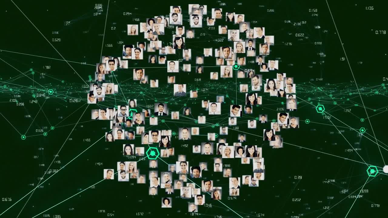 Animation of profile picture forming globe over connected dots and numbers in background