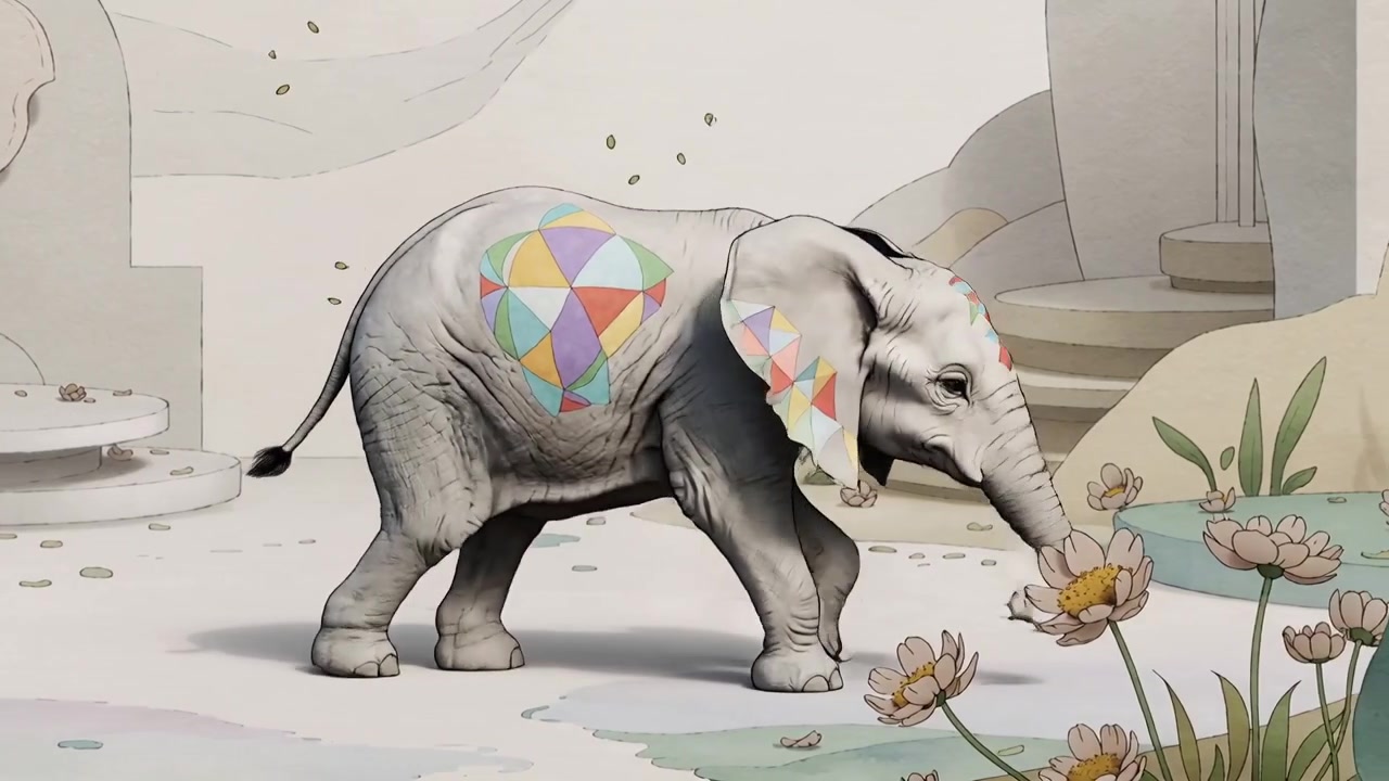 En lille elefant med et flerfarvet mærke kommer ind fra venstre side af billedet, går mod højre på jorden og rører ved en lotusblomst.