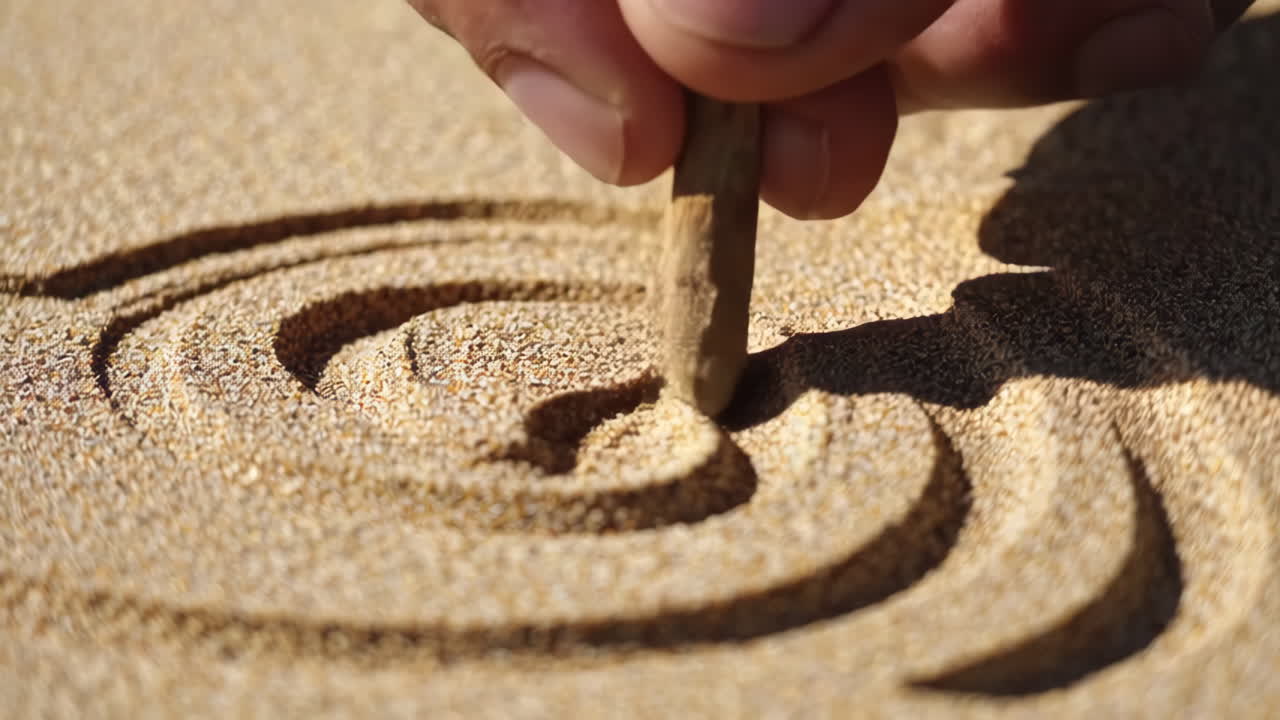 Hand Creating a Spiral Pattern in Sand