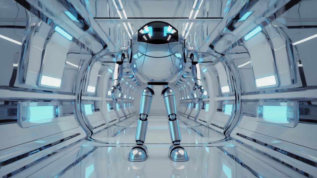 Futuristic Robot in Space Tunnel