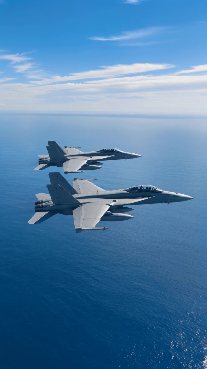 To strømlinjeformede militærfly holder jevn formasjon over åpent vann, med deres grå vinger og halefinner skarpt tegnet mot blått hav, blek horisont og solbelyste skyer.