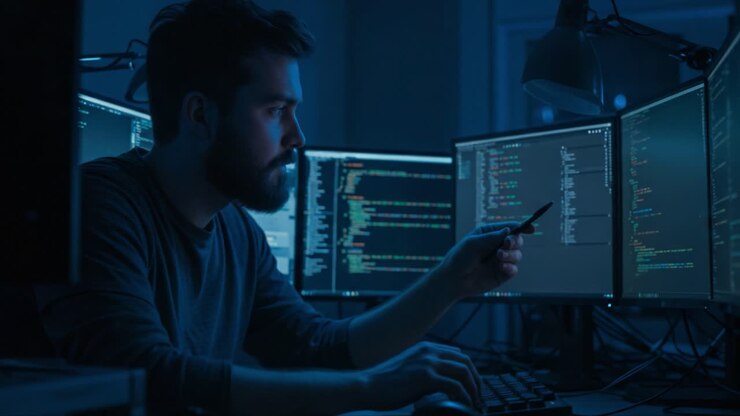 Fokussierter Programmierer analysiert Code in einem schwach beleuchteten Büro, umgeben von mehreren Monitoren, die Zeilen von Computerprogrammierung und Datenanalyse-Tools anzeigen.