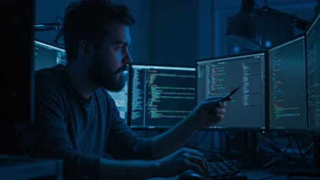 focused programmer analyzing code in a dimly lit office, surrounded by multiple monitors displaying lines of computer programming and data analysis tools