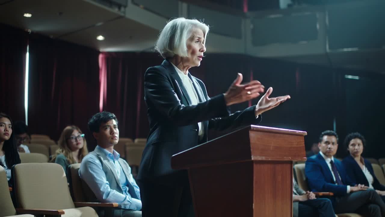 Donna in piedi tiene un discorso su un podio di legno in un auditorium, reggendo un microfono con i posti a sedere sullo sfondo