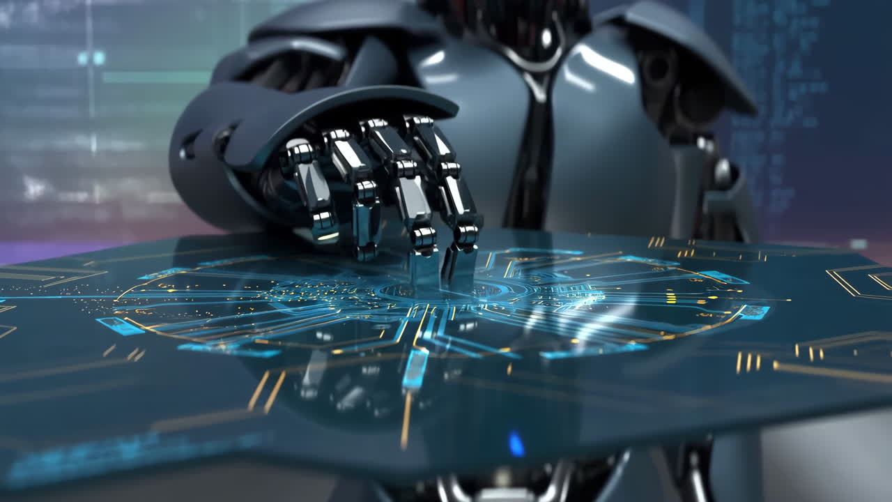 Robot Interacting with Futuristic Digital Interface