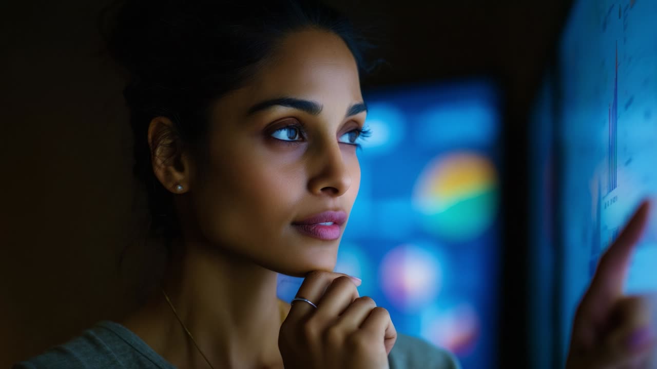 A focused woman is analyzing data on a digital screen, showcasing her deep concentration and engagement with the information presented, highlighting her analytical skills and commitment to understanding complex concepts