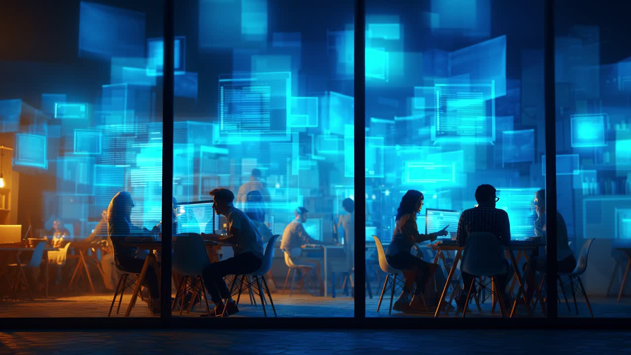 A Busy Co-working Space Filled with Technology and Creativity, Showcasing People Collaborating While Surrounded by Vivid Digital Displays and Workstations in an Inspiring Environment