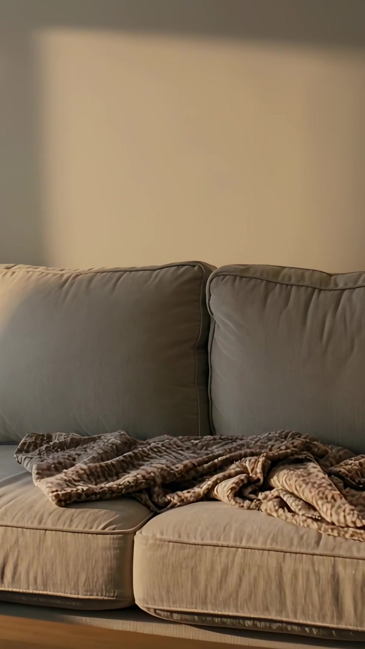 Video verticale: Mostrando un divano a due posti beige che cattura la luce solare mutevole a casa, con una coperta a maglia.