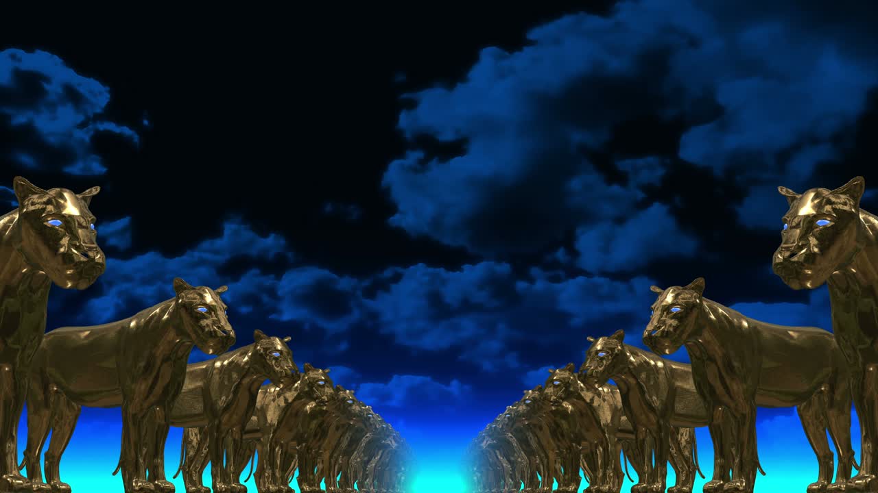 Golden lions. 3D. Sculptures in rows in perspective against a blue sky.