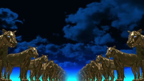 leones dorados. 3d. esculturas en filas en perspectiva contra un cielo azul.