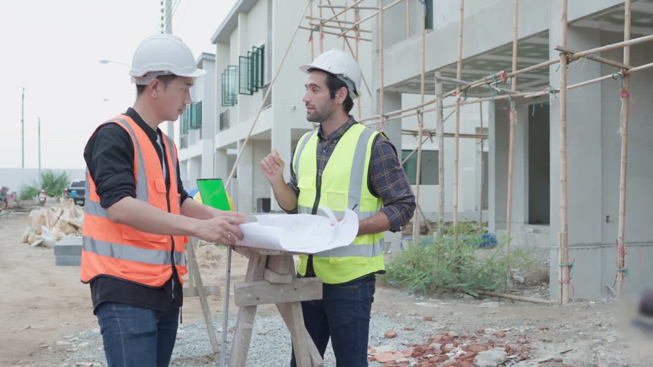 gerente profesional de ingenieros civiles masculinos o arquitectos y capataz, trabajador. mientras se reúnen discuten inspeccionar con computadora portátil, proyecto de construcción de planos en el sitio de construcción. concepto de construcción de bienes raíces.